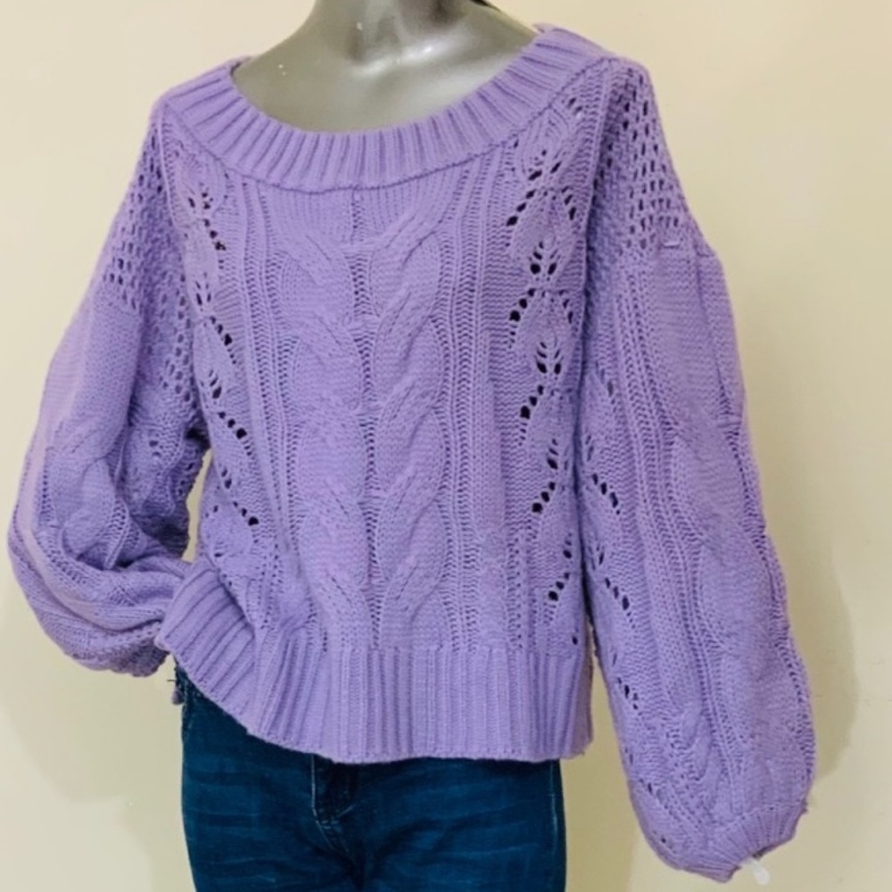 Cropped Cable Knit Balloon Sleeve Sweater